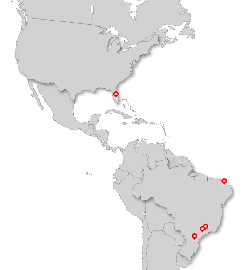 Mapa das regiões de disponibilidade EVEO no Brasil e nos Estados Unidos