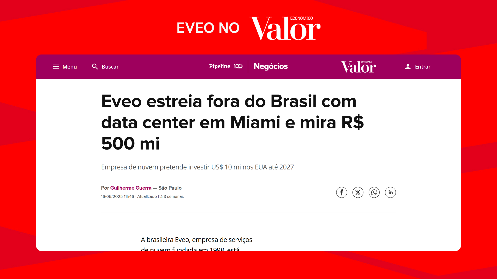 EVEO estreia fora do Brasil com data center em Miami e mira R$ 500 mi - Valor Econômico