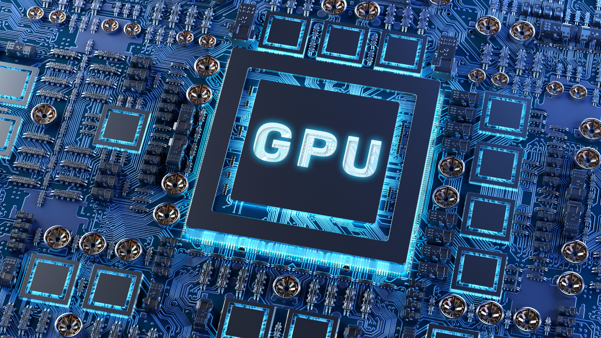 Imagem ilustrativa de uma GPU destacada no centro de uma placa eletrônica, cercada por circuitos e componentes interconectados. Os tons de azul e a iluminação neon reforçam a ideia de alta performance, processamento avançado e tecnologia de ponta, associada a áreas como inteligência artificial, computação em nuvem e data centers.